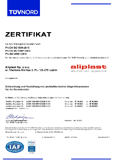 Certificat Aliplast Aluminium Systems ISO 9001; 14001; 45001 - DE