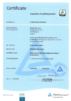 Certificat - Inspection of welding process - EN ISO 3834 EN