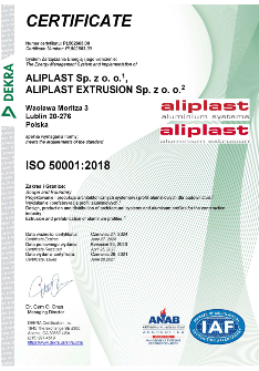 Aliplast 50001-2018 Certificat 2023