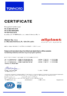 Certificat Aliplast Aluminium Systems ISO 9001, 14001, 45001 - EN