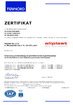 Certificat Aliplast Aluminium Systems ISO 9001, 14001, 45001 - DE