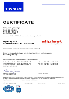 Certificat Aliplast Aluminium Systems ISO 9001, 14001, 45001 - EN